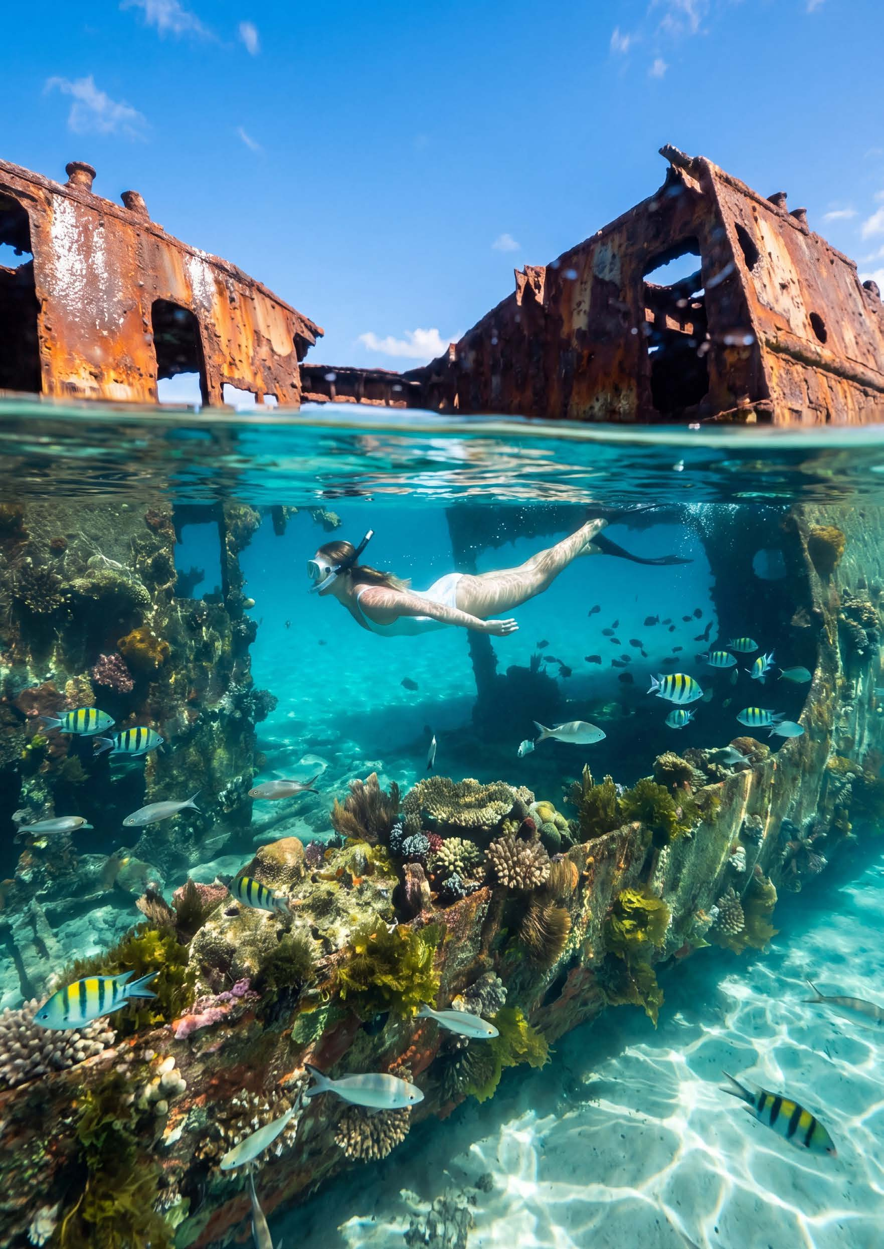 A snorkeller exploring the Tangalooma Wrecks