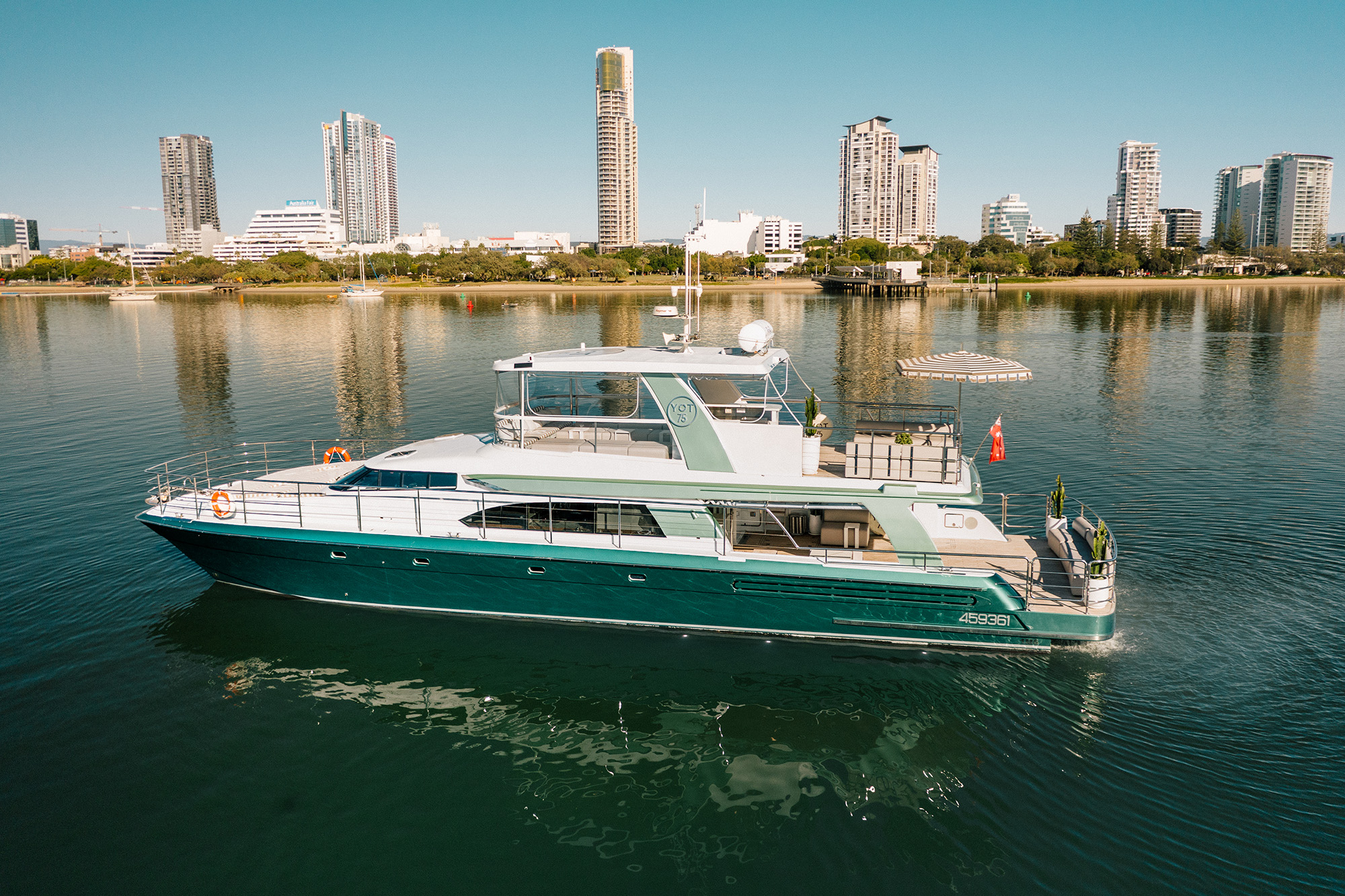 Aerial view of YOT 75 cruising on the Broadwater