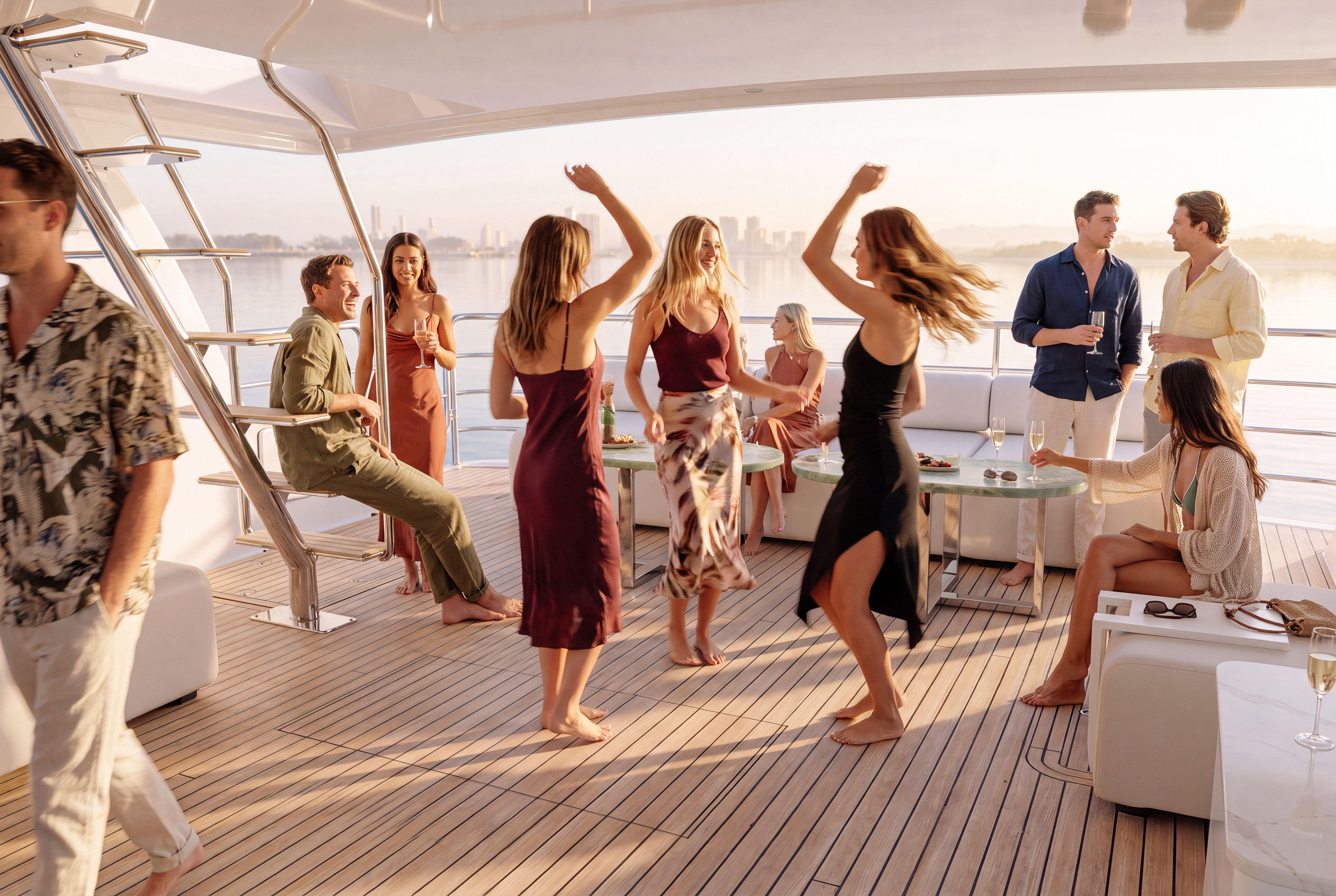 Guests dancing and mingling on the aft deck aboard YOT 75