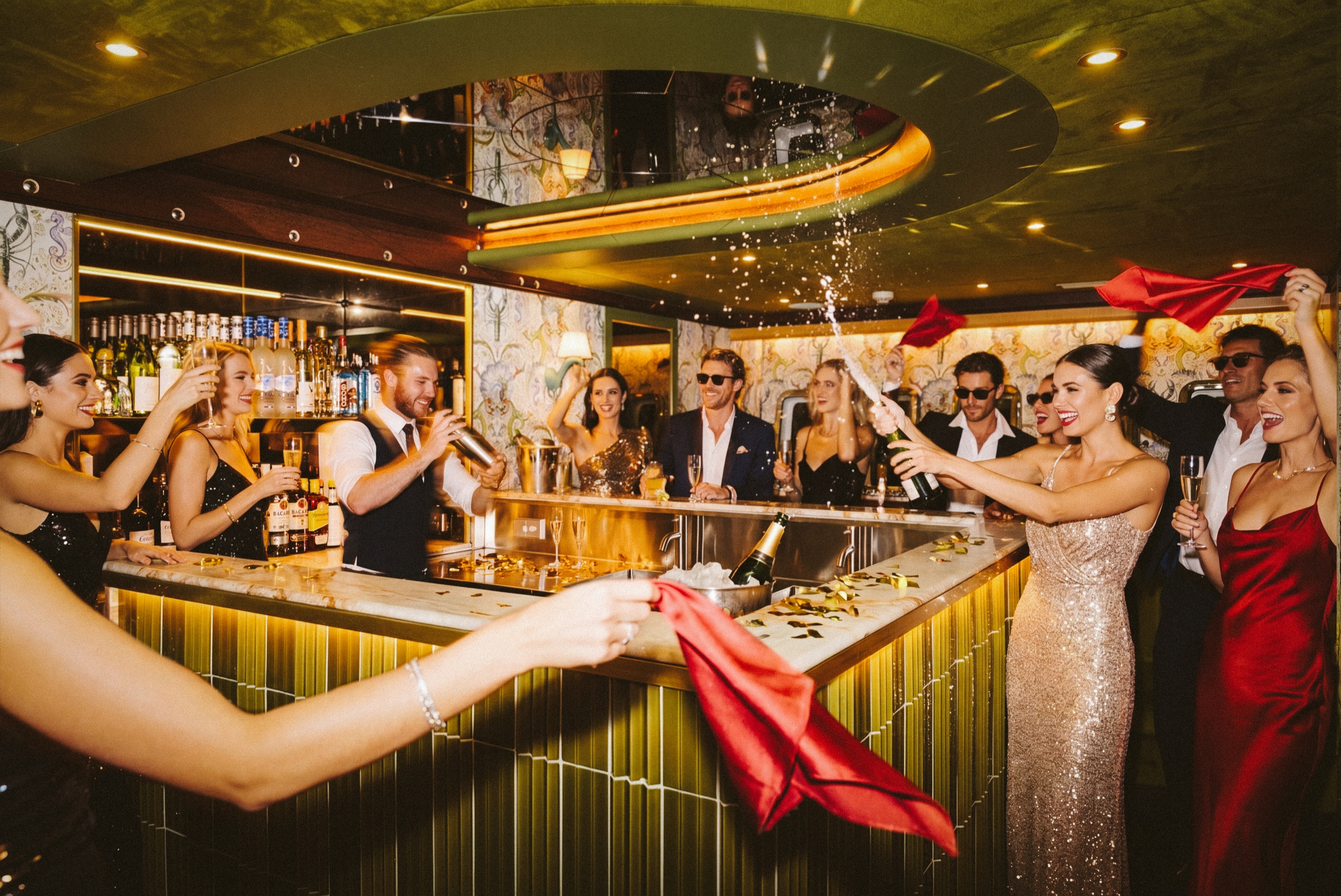 A lively celebration around a yacht bar